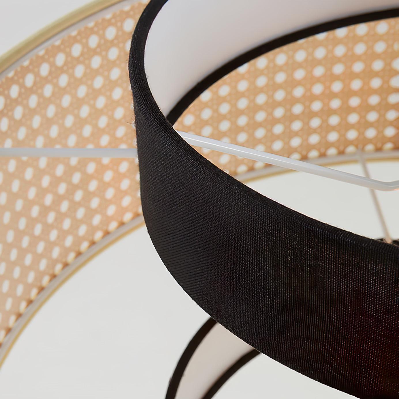 Natural Rattan and Black Linen Dual Layer Drum Pendant Light for Modern Living Spaces