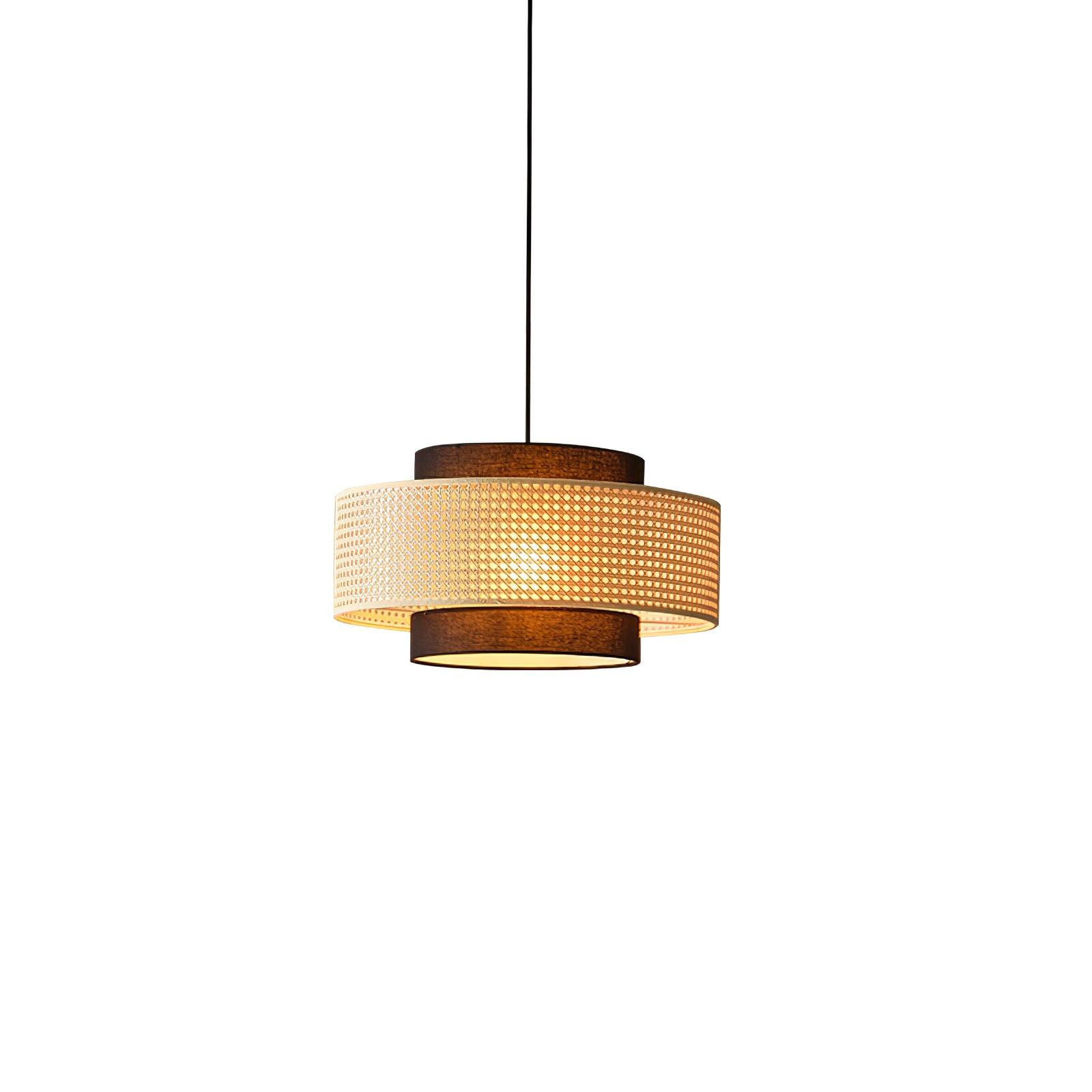Natural Rattan and Black Linen Dual Layer Drum Pendant Light for Modern Living Spaces