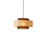 Natural Rattan and Black Linen Dual Layer Drum Pendant Light for Modern Living Spaces