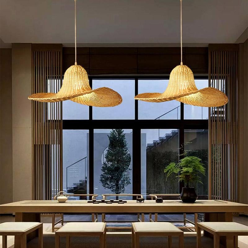 Natural Rattan Hat Shape Pendant Light 24 Inch Large Woven Hanging Fixture for Dining Room