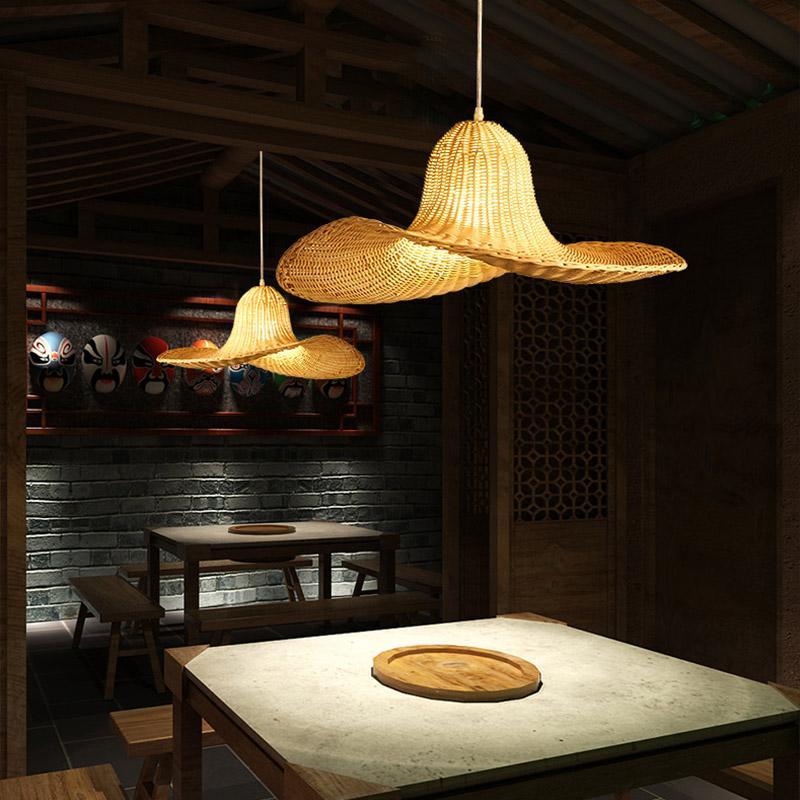 Natural Rattan Hat Shape Pendant Light 24 Inch Large Woven Hanging Fixture for Dining Room