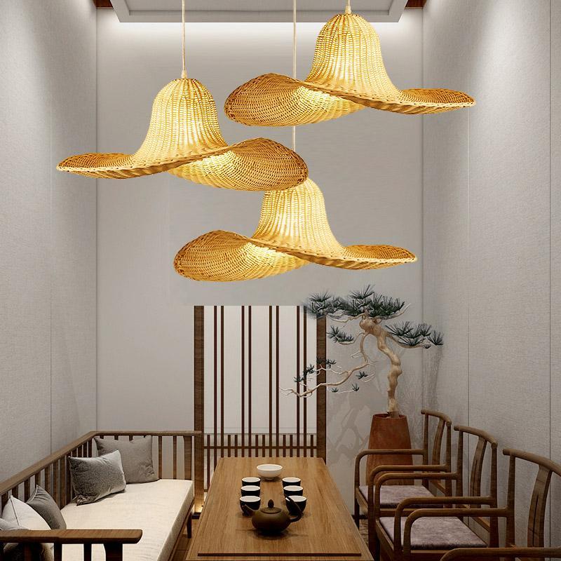 Natural Rattan Hat Shape Pendant Light 24 Inch Large Woven Hanging Fixture for Dining Room