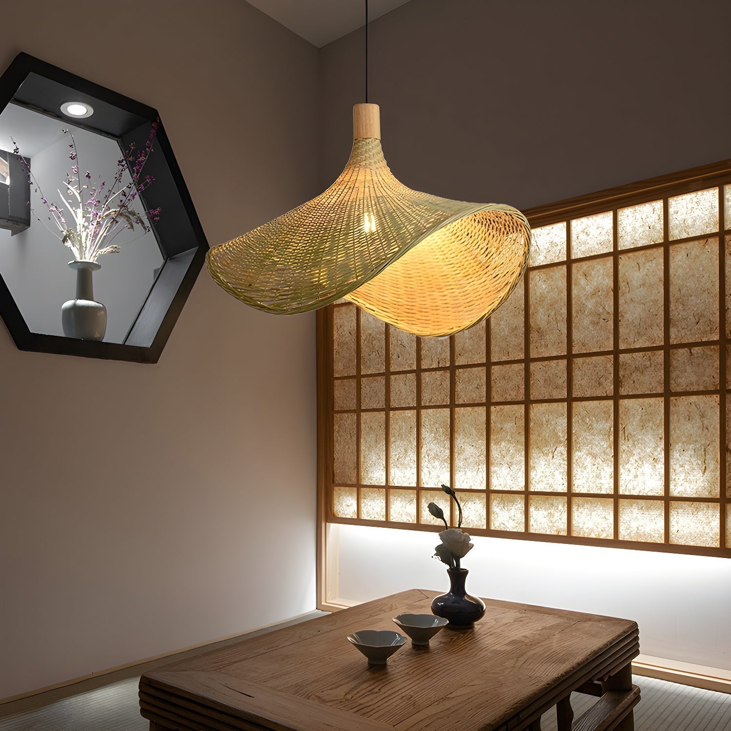 Natural Rattan Weave Hat Pendant Light Boho Style Woven Ceiling Hanging Lamp