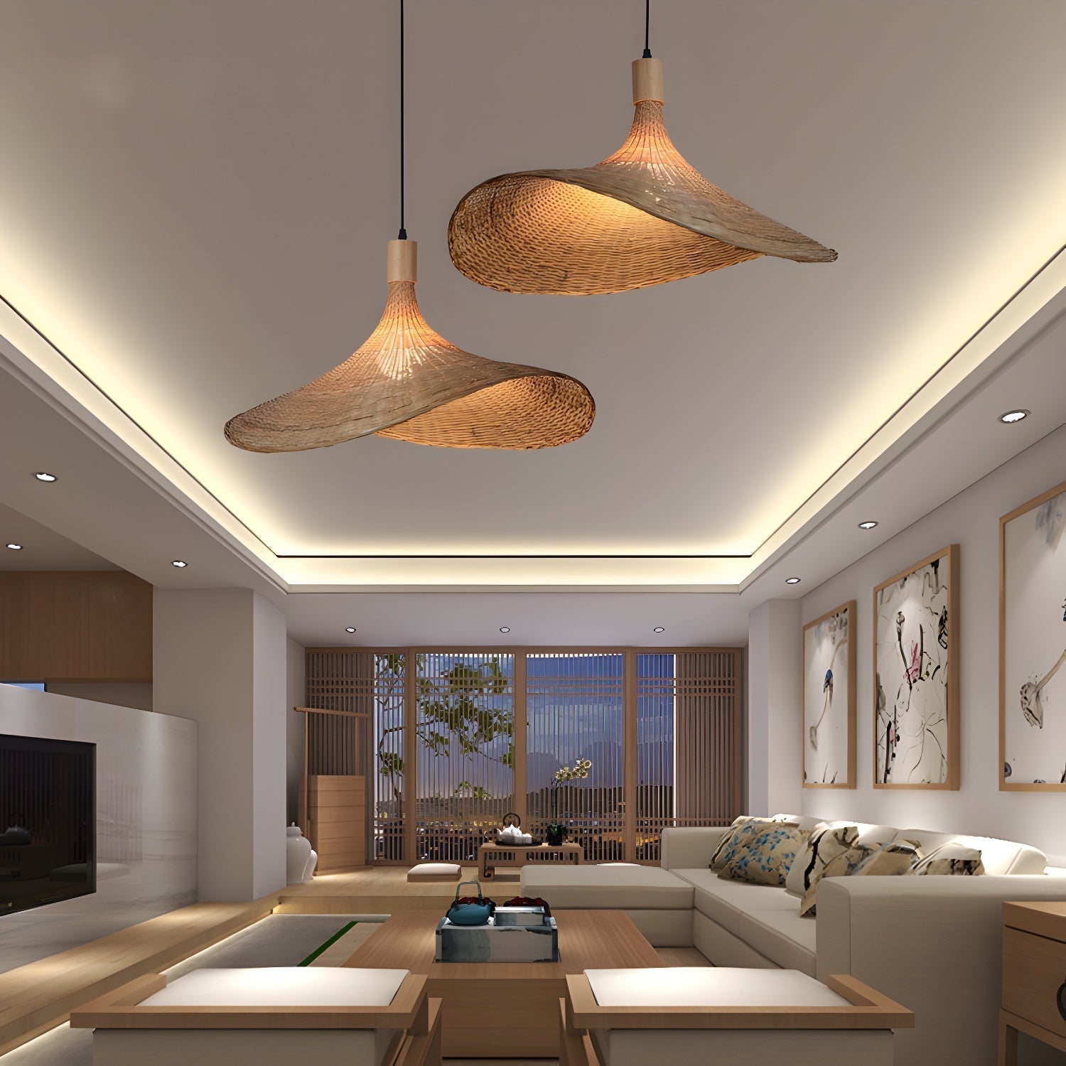 Natural Rattan Weave Hat Pendant Light Boho Style Woven Ceiling Hanging Lamp