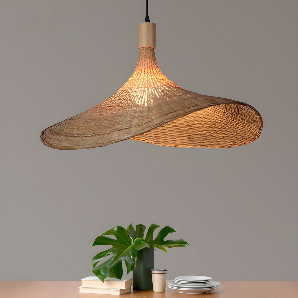Natural Rattan Weave Hat Pendant Light Boho Style Woven Ceiling Hanging Lamp