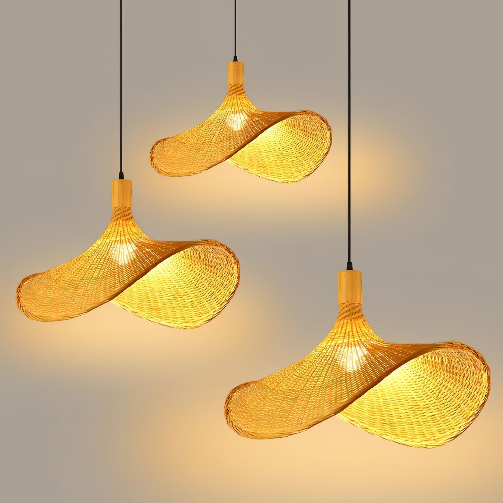 Natural Rattan Weave Hat Pendant Light Boho Style Woven Ceiling Hanging Lamp