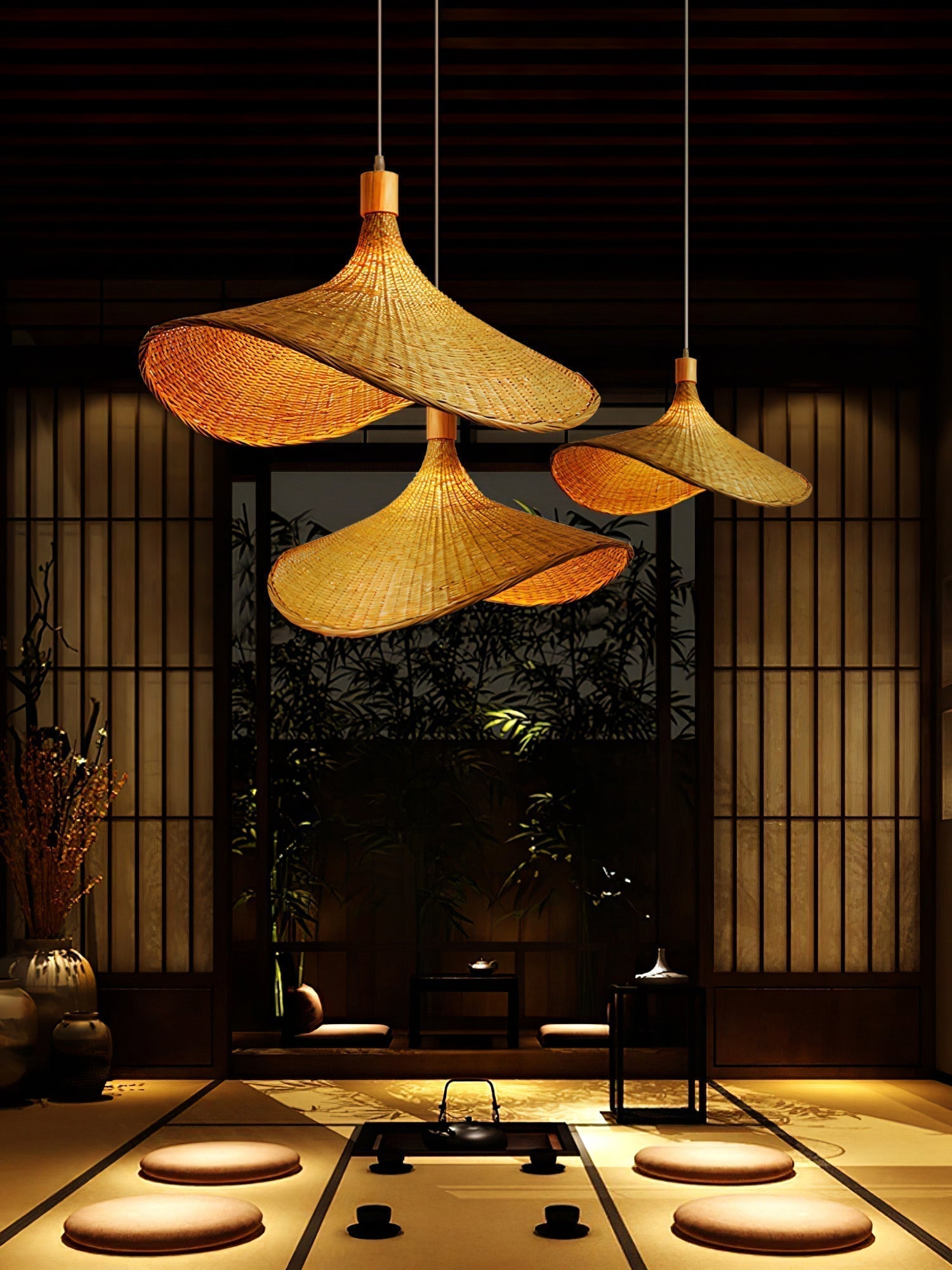 Natural Rattan Weave Hat Pendant Light Boho Style Woven Ceiling Hanging Lamp