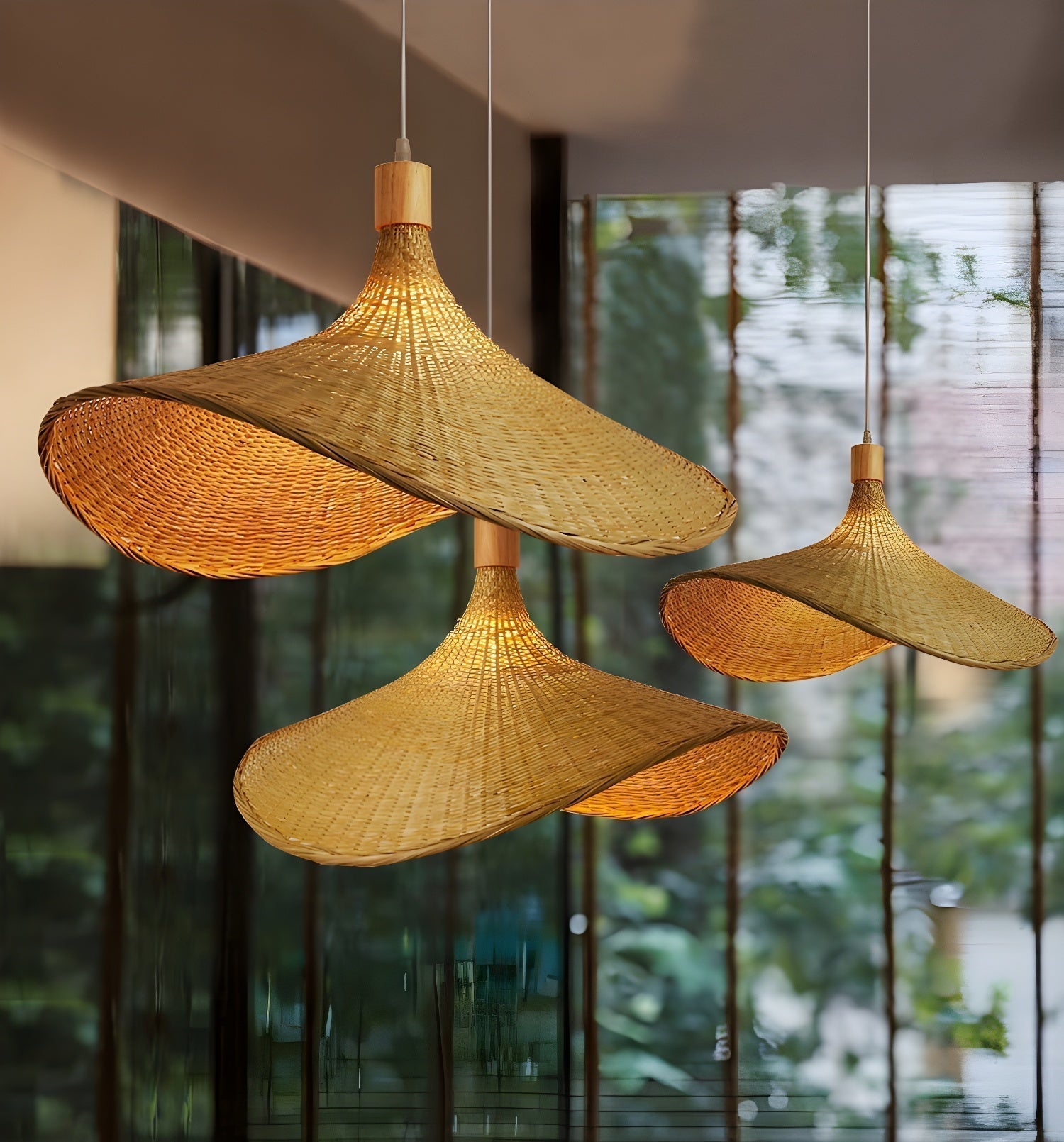 Natural Rattan Weave Hat Pendant Light Boho Style Woven Ceiling Hanging Lamp