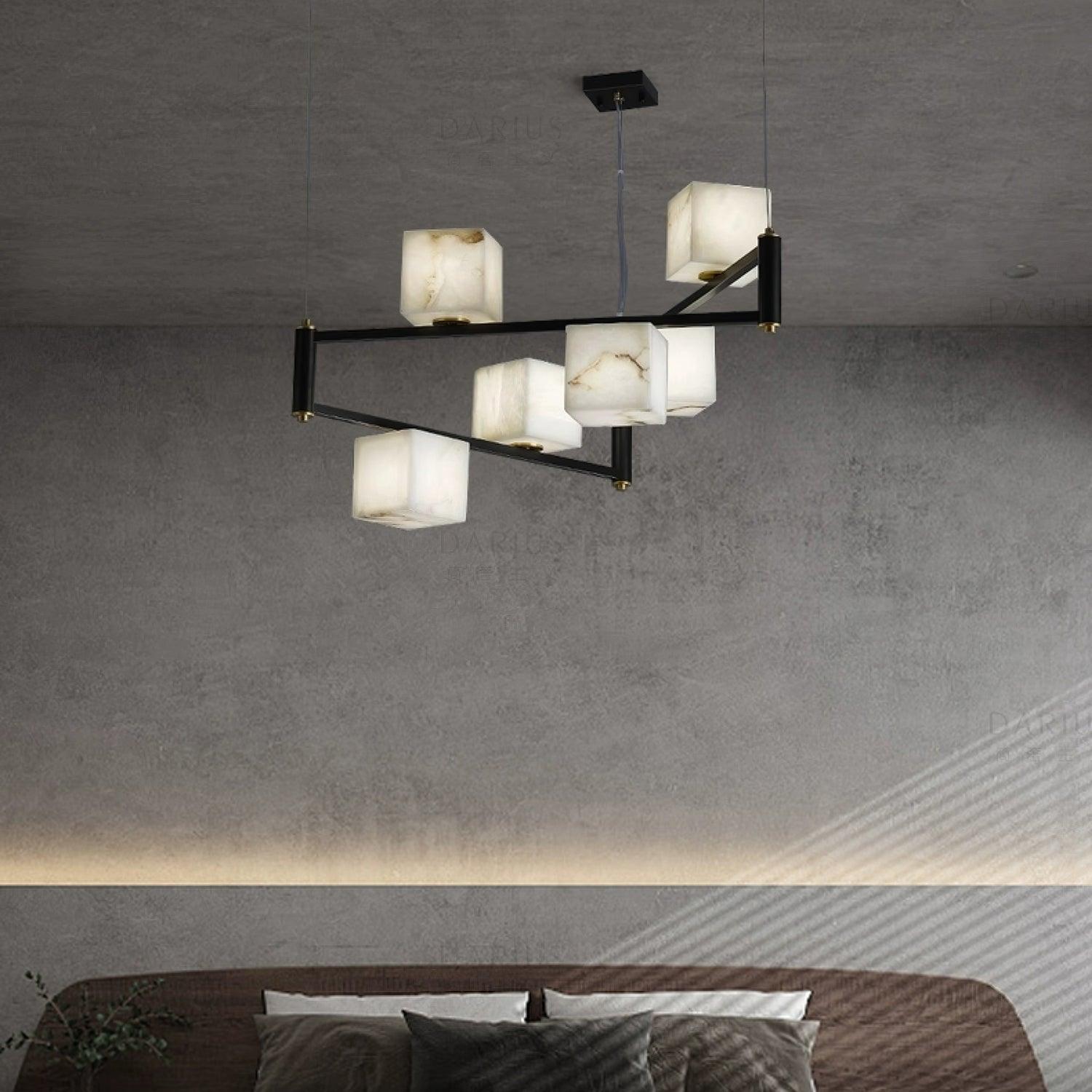 Natural Snowflake Alabaster Square Box Chandelier Lighting Fixture