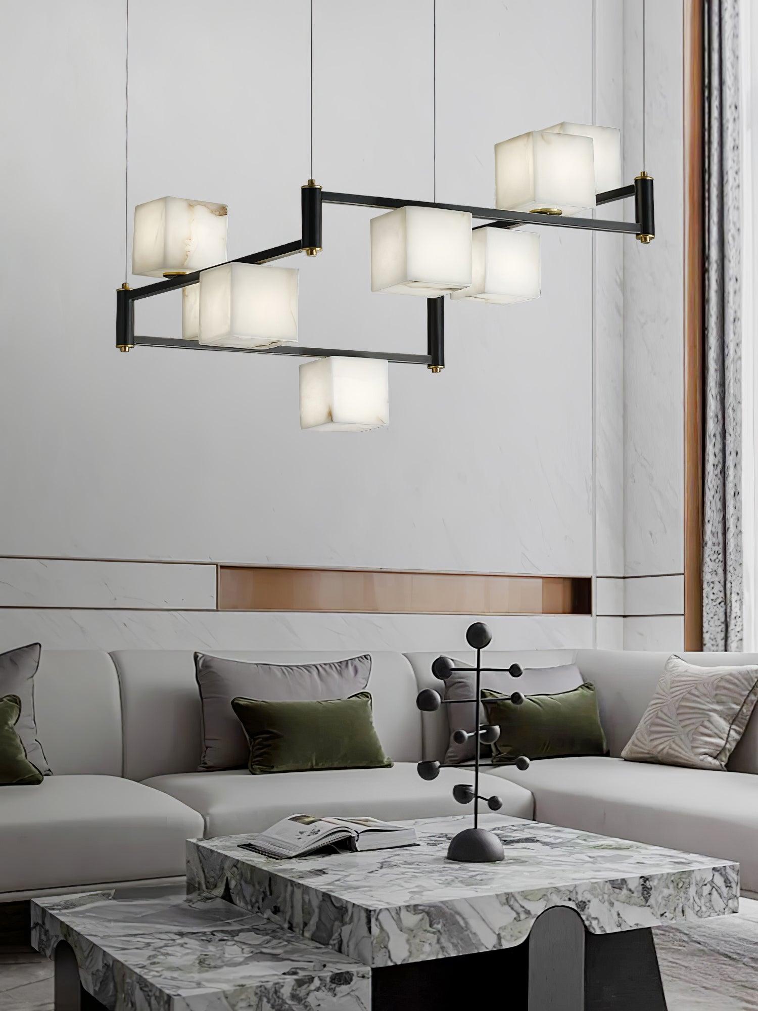 Natural Snowflake Alabaster Square Box Chandelier Lighting Fixture