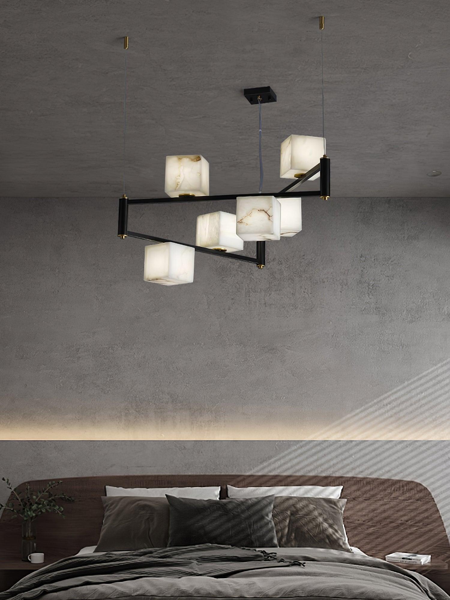 Natural Snowflake Alabaster Square Box Chandelier Lighting Fixture