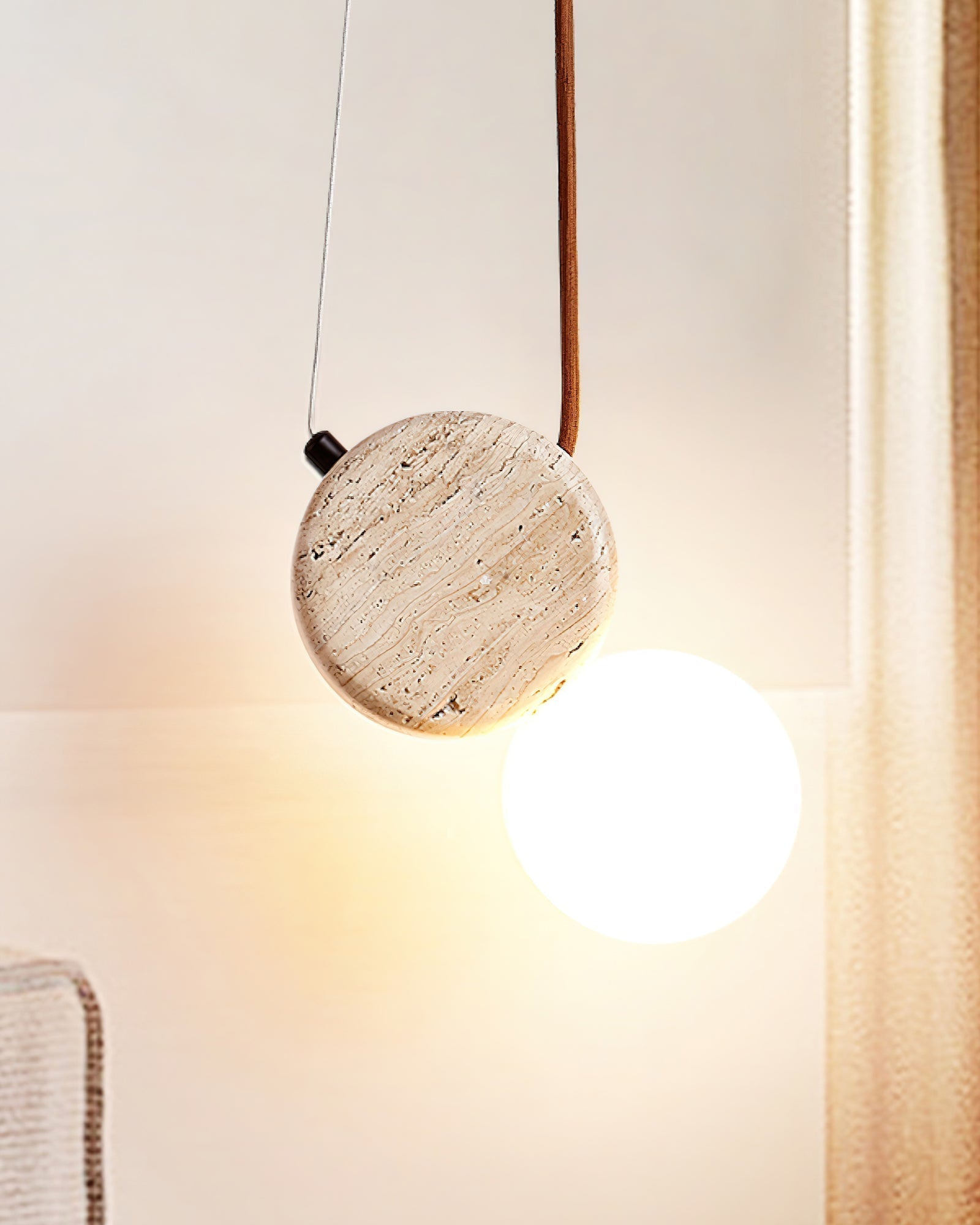 Natural Stone Travertine Pendant Light with White Glass Shade Elegant Hanging Lamp