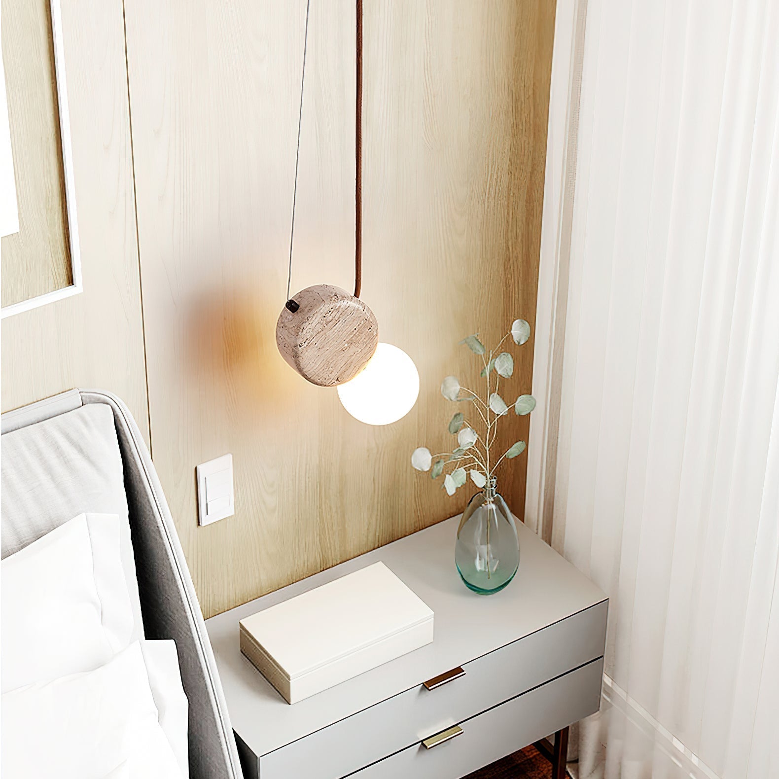 Natural Stone Travertine Pendant Light with White Glass Shade Elegant Hanging Lamp