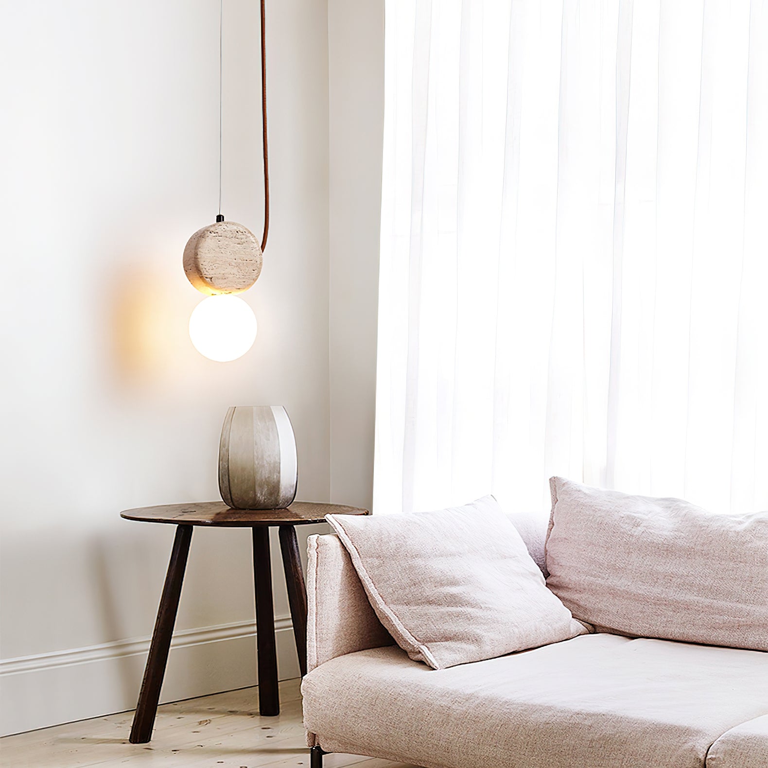 Natural Stone Travertine Pendant Light with White Glass Shade Elegant Hanging Lamp