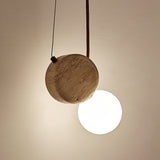 Natural Stone Travertine Pendant Light with White Glass Shade Elegant Hanging Lamp