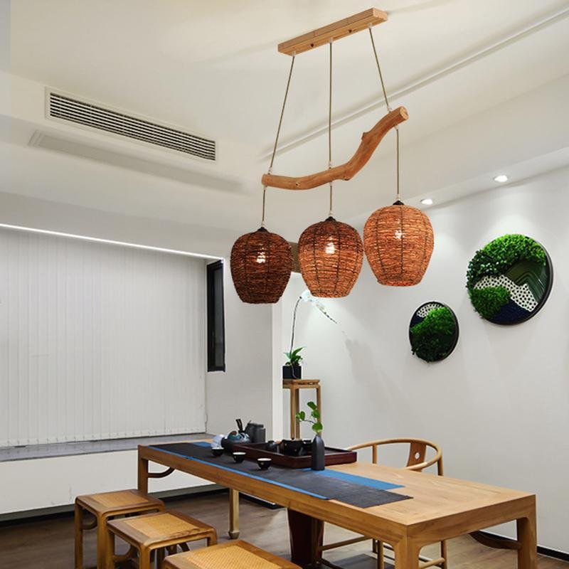 Natural Wicker Beehive Pendant Light Burlywood Rattan Ceiling Fixture for Living Room