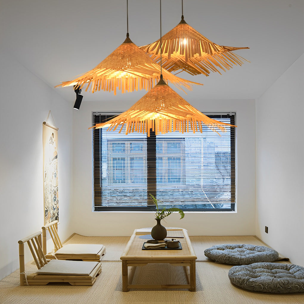 Natural Woven Bamboo Pendant Light Burlywood Coastal Ceiling Hanging Lamp for Kitchen and Dining Room
