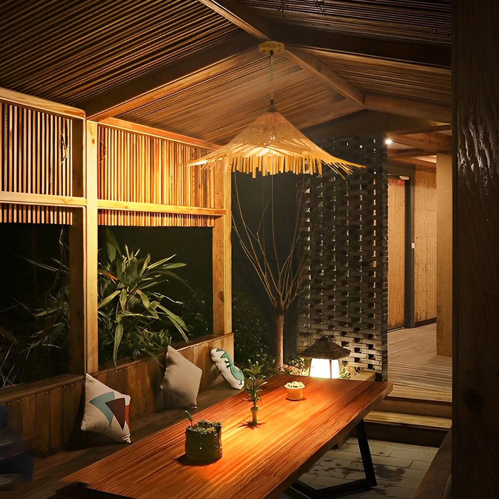 Natural Woven Bamboo Pendant Light Burlywood Coastal Ceiling Hanging Lamp for Kitchen and Dining Room