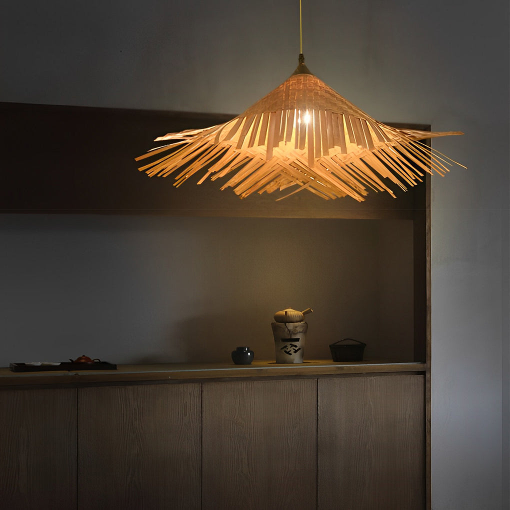 Natural Woven Bamboo Pendant Light Burlywood Coastal Ceiling Hanging Lamp for Kitchen and Dining Room