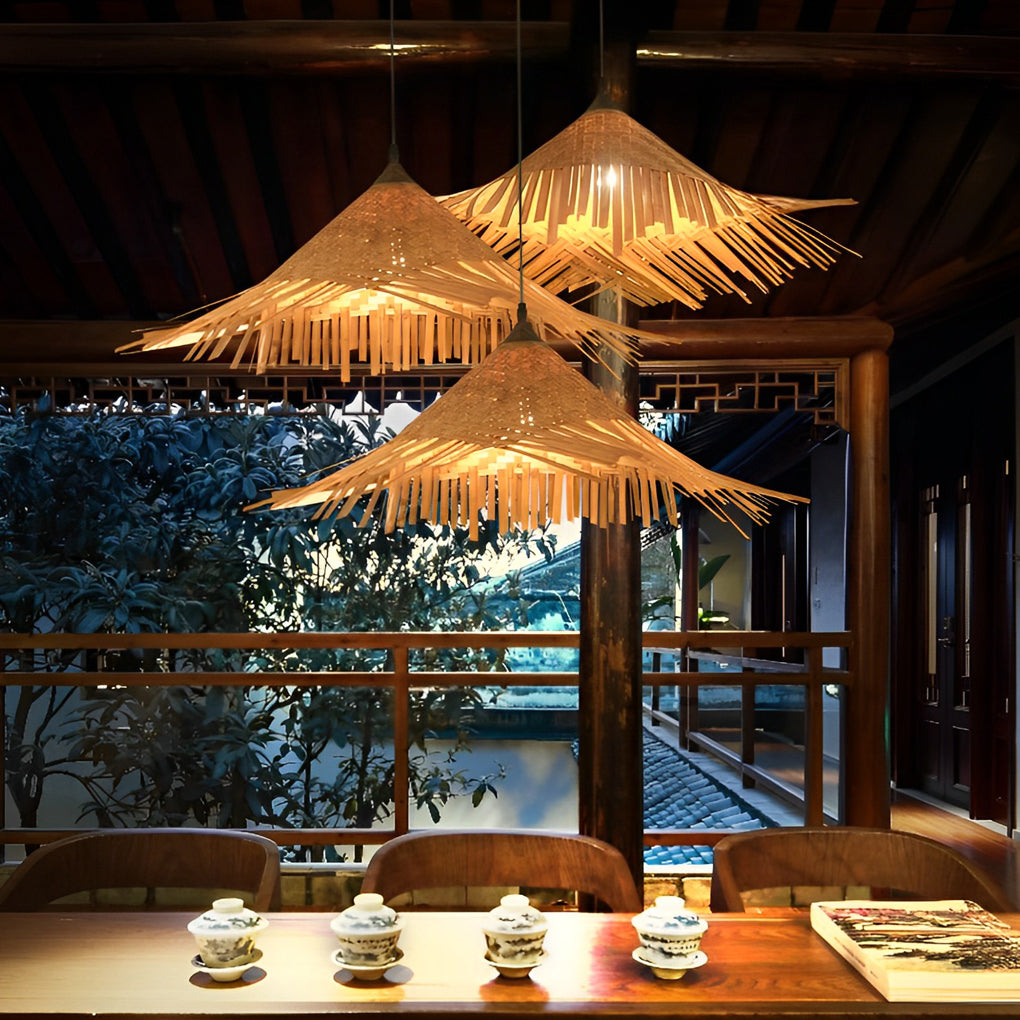 Natural Woven Bamboo Pendant Light Burlywood Coastal Ceiling Hanging Lamp for Kitchen and Dining Room