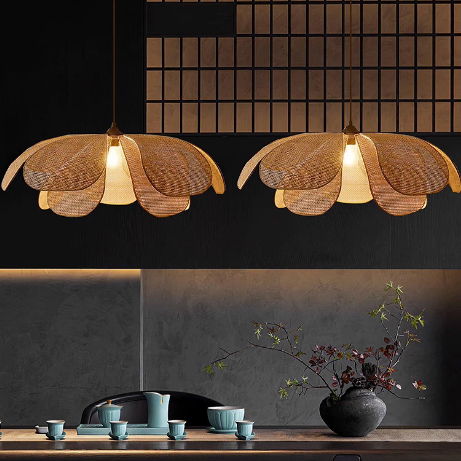 Natural Woven Rattan Petal Pendant Lamp Large Flower Shape Ceiling Hanging Light for Living Room