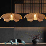 Natural Woven Rattan Petal Pendant Lamp Large Flower Shape Ceiling Hanging Light for Living Room