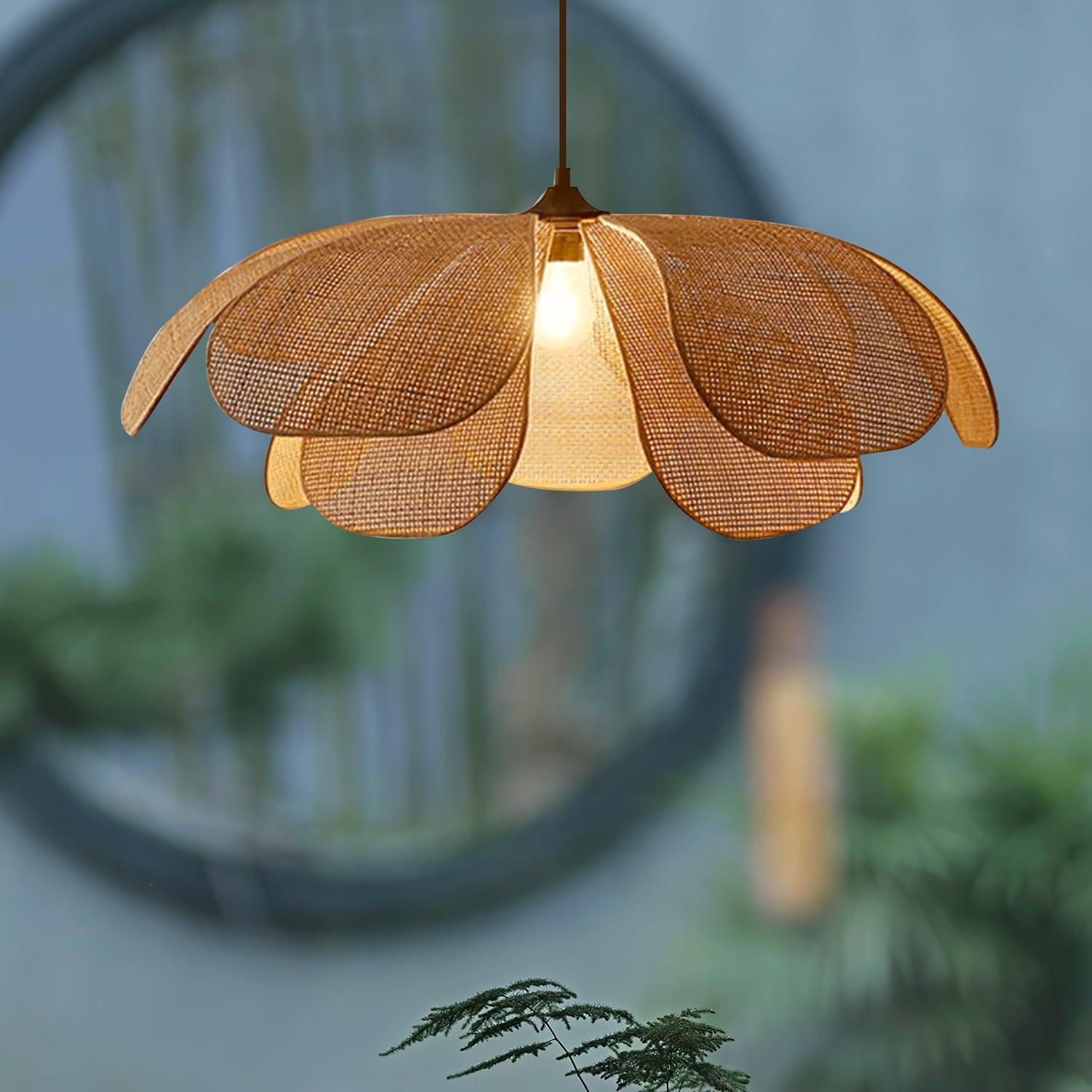Natural Woven Rattan Petal Pendant Lamp Large Flower Shape Ceiling Hanging Light for Living Room