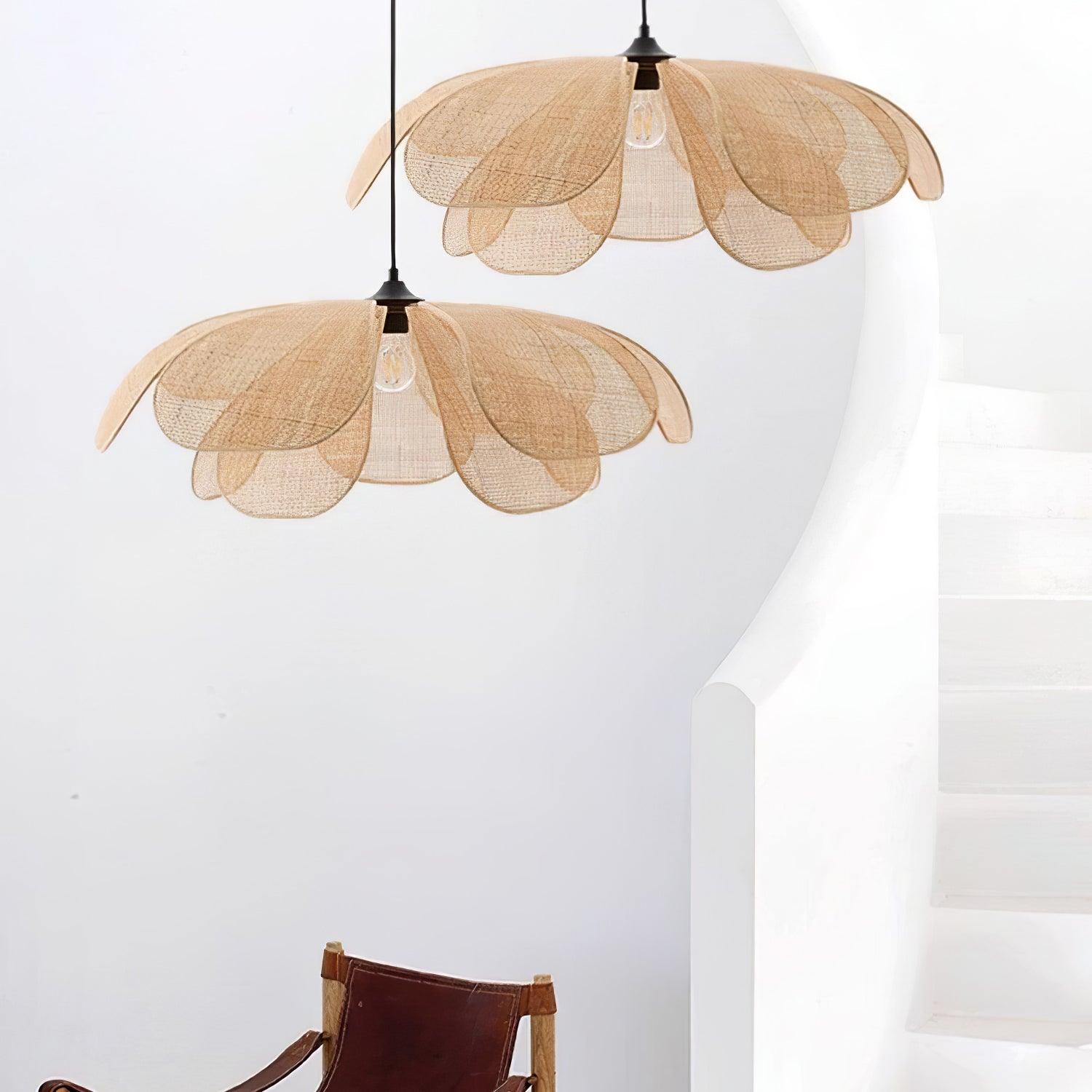 Natural Woven Rattan Petal Pendant Lamp Large Flower Shape Ceiling Hanging Light for Living Room
