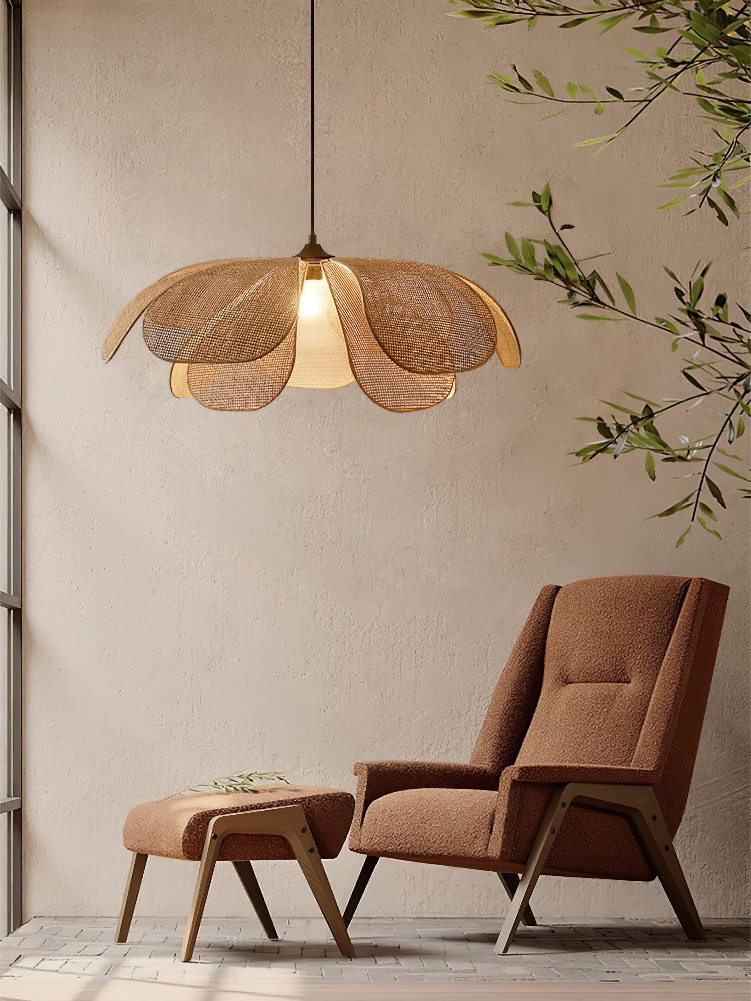 Natural Woven Rattan Petal Pendant Lamp Large Flower Shape Ceiling Hanging Light for Living Room