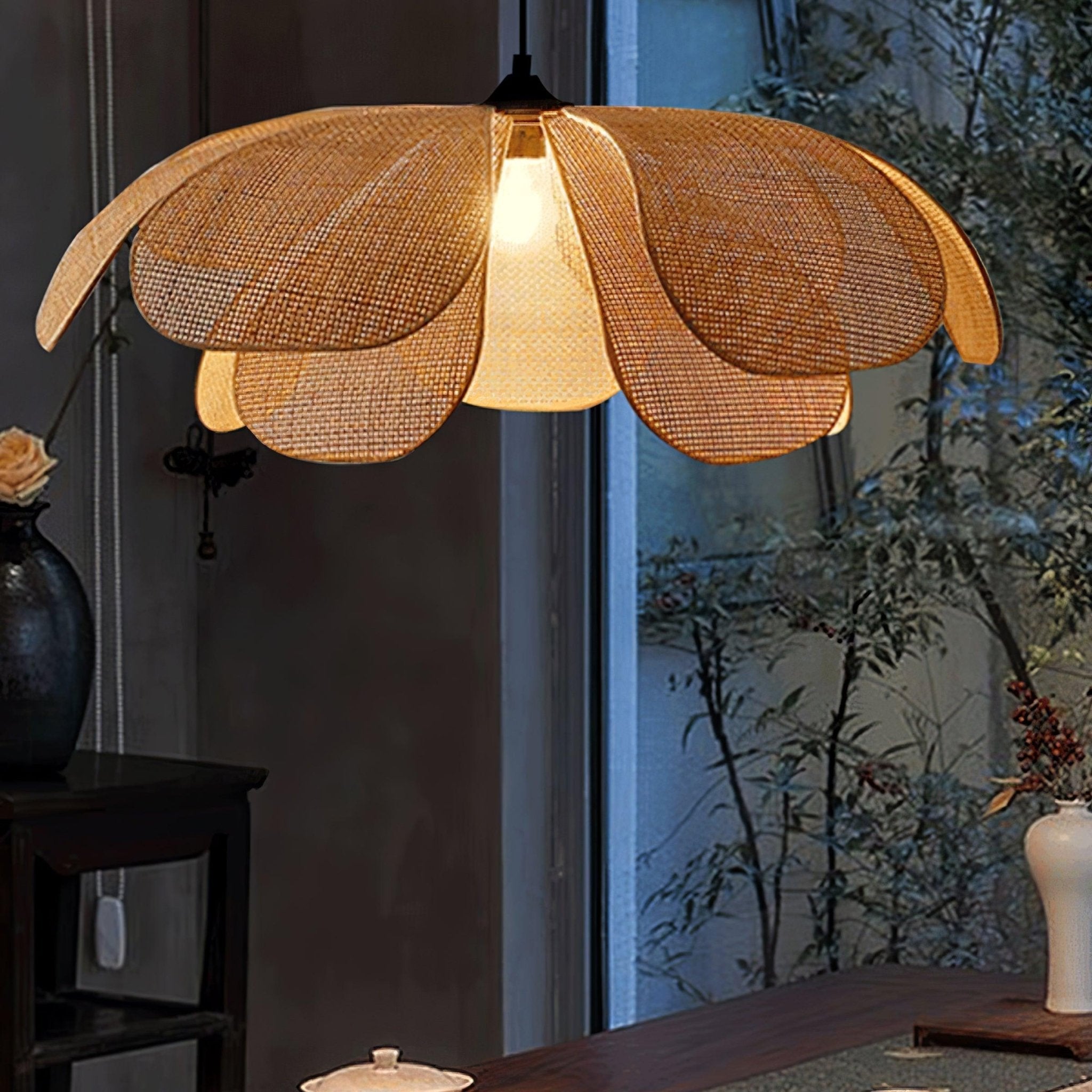 Natural Woven Rattan Petal Pendant Lamp Large Flower Shape Ceiling Hanging Light for Living Room