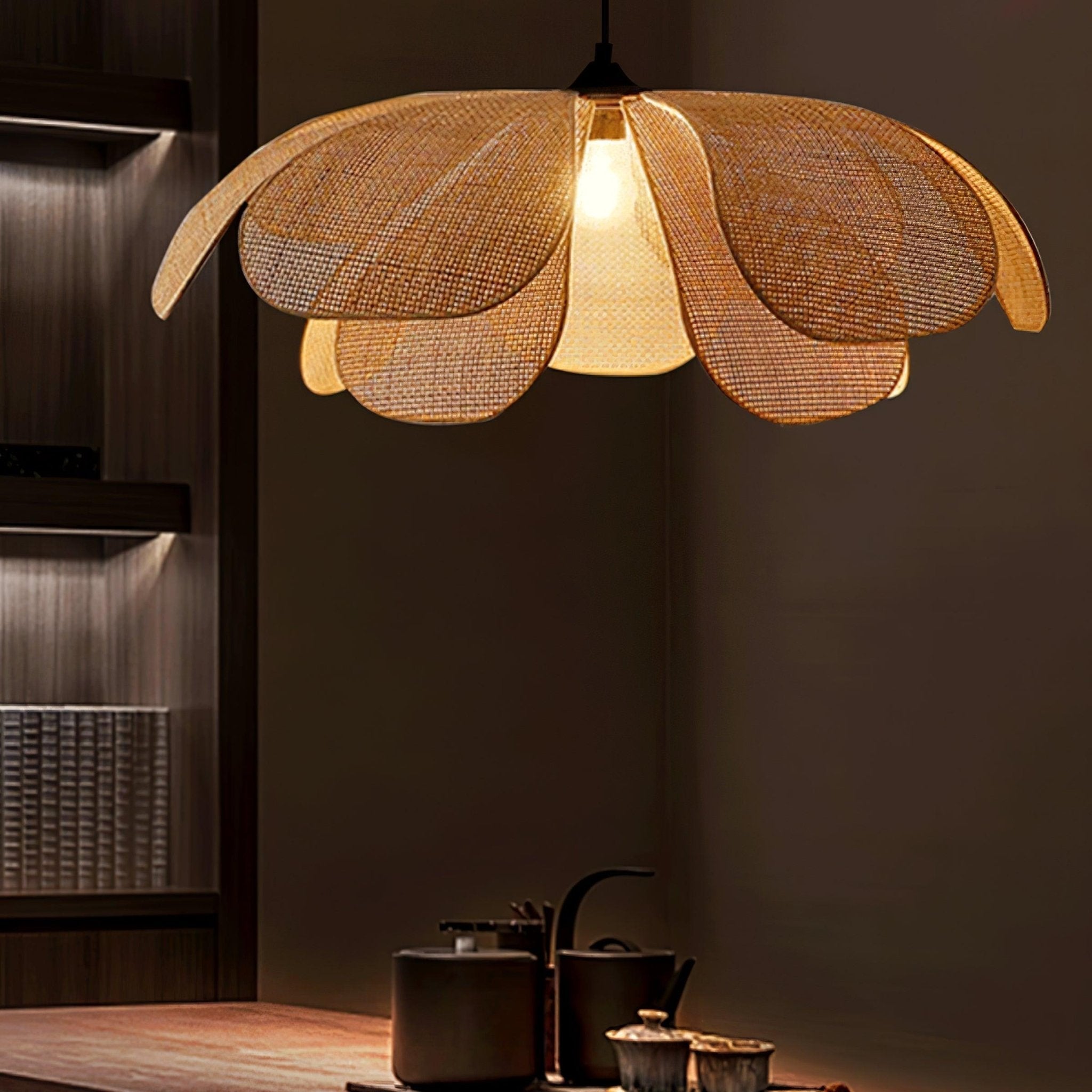Natural Woven Rattan Petal Pendant Lamp Large Flower Shape Ceiling Hanging Light for Living Room