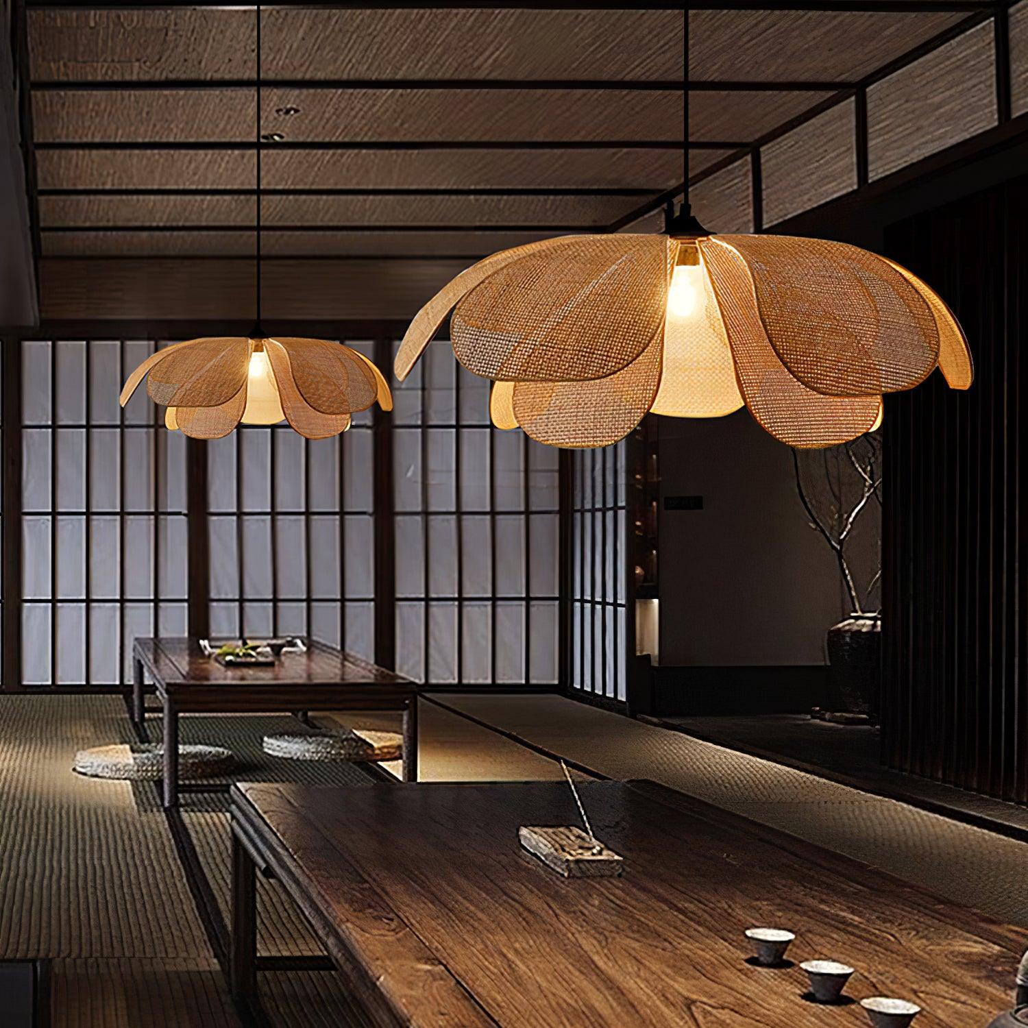 Natural Woven Rattan Petal Pendant Lamp Large Flower Shape Ceiling Hanging Light for Living Room