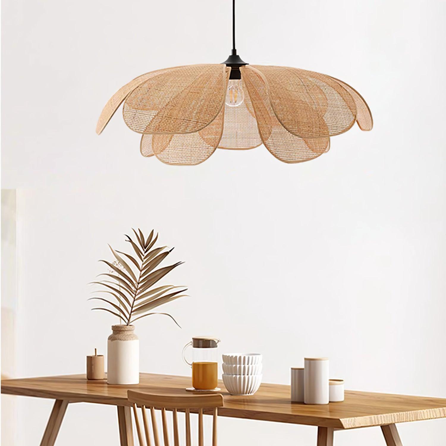 Natural Woven Rattan Petal Pendant Lamp Large Flower Shape Ceiling Hanging Light for Living Room