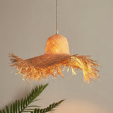 Natural Woven Rattan Straw Hat Hanging Pendant Light for Modern Coastal Homes