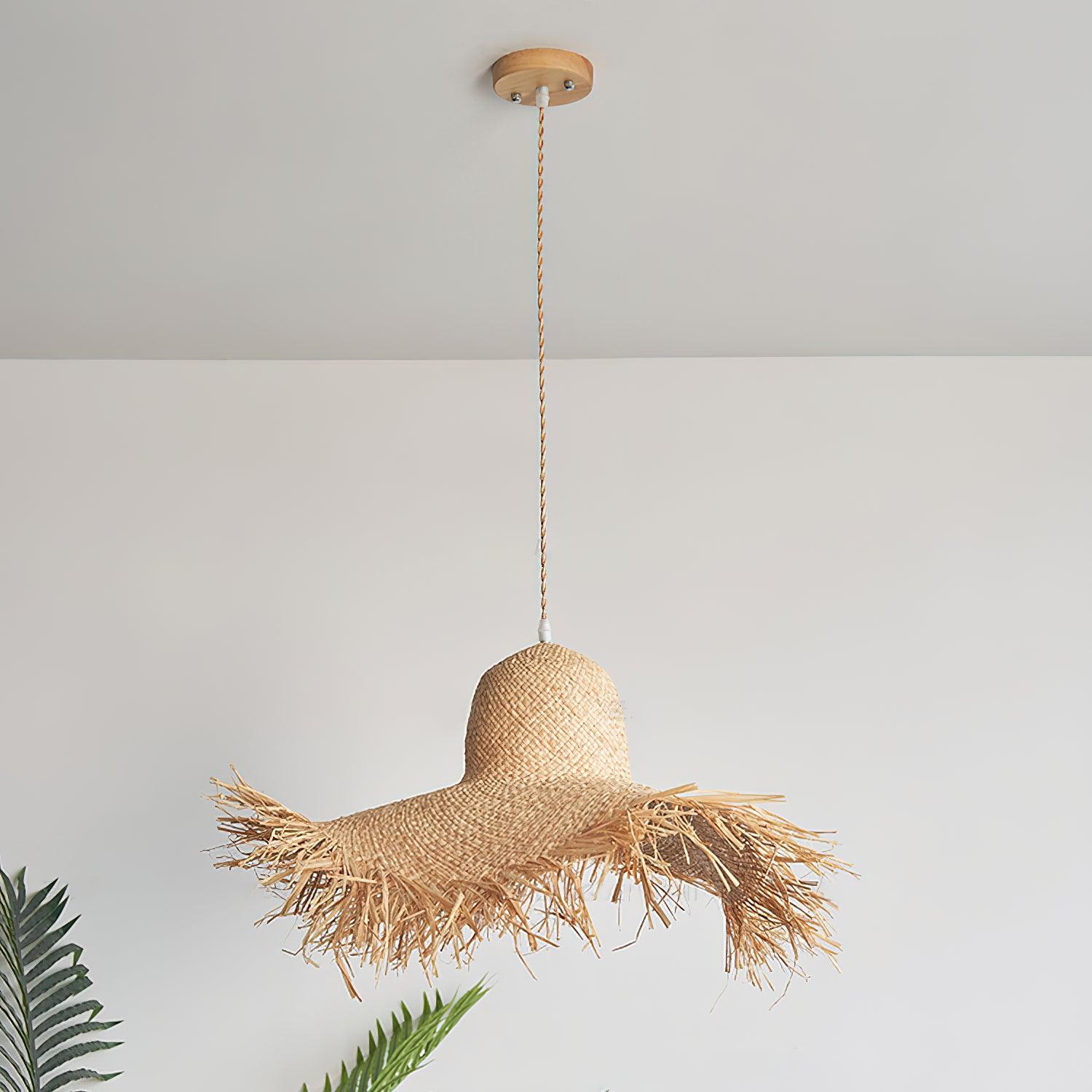 Natural Woven Rattan Straw Hat Hanging Pendant Light for Modern Coastal Homes