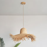 Natural Woven Rattan Straw Hat Hanging Pendant Light for Modern Coastal Homes
