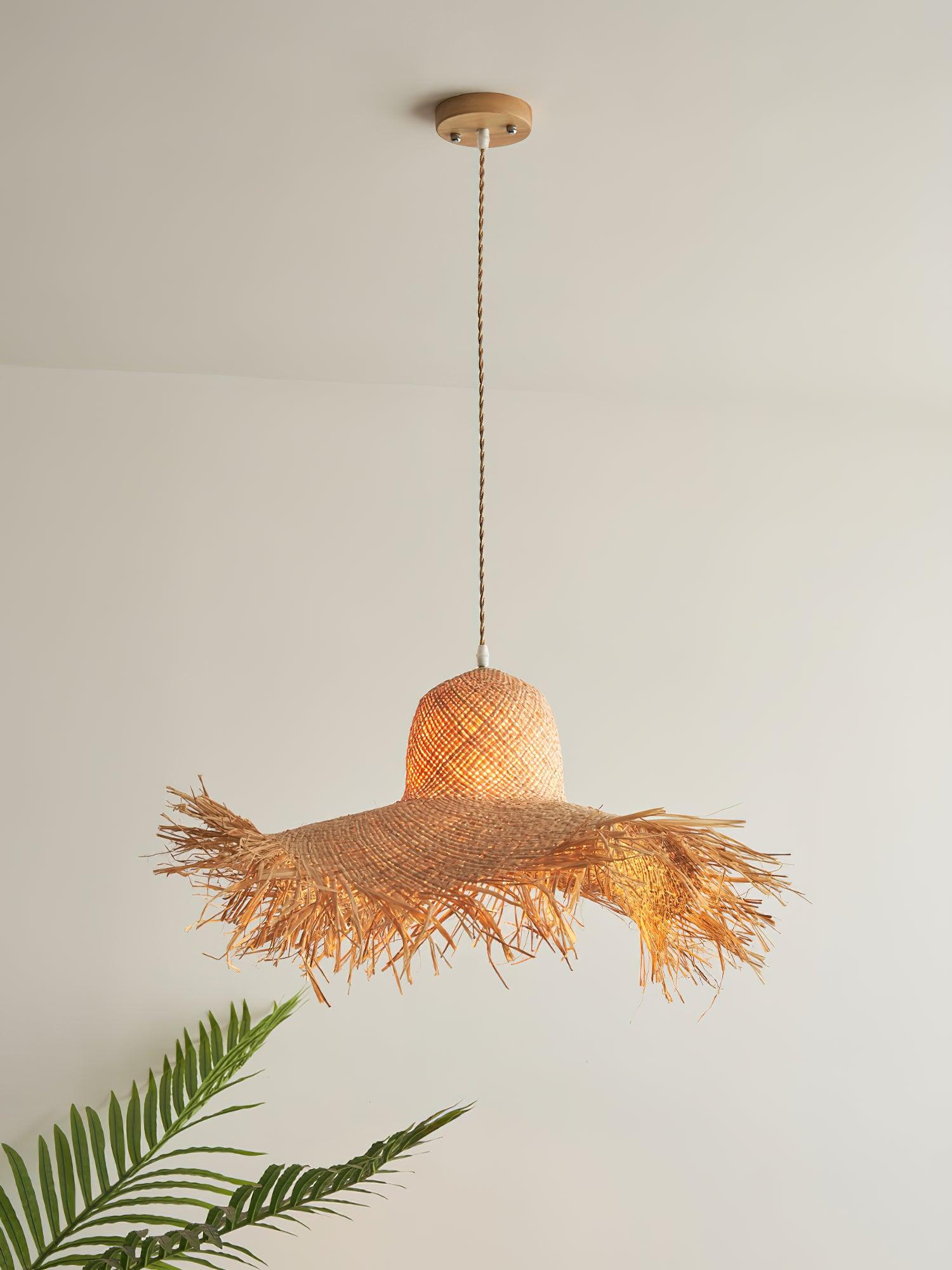 Natural Woven Rattan Straw Hat Hanging Pendant Light for Modern Coastal Homes