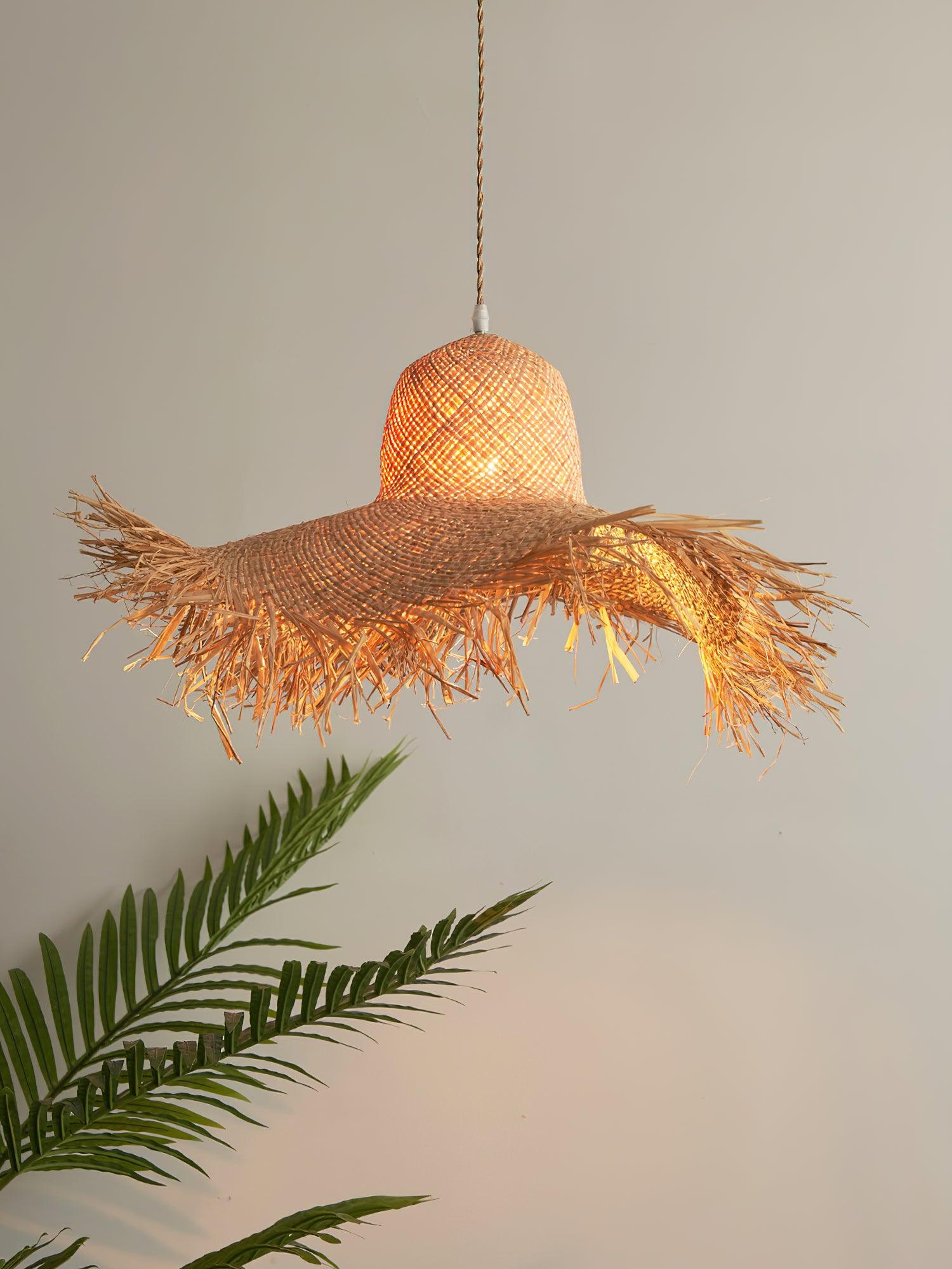 Natural Woven Rattan Straw Hat Hanging Pendant Light for Modern Coastal Homes
