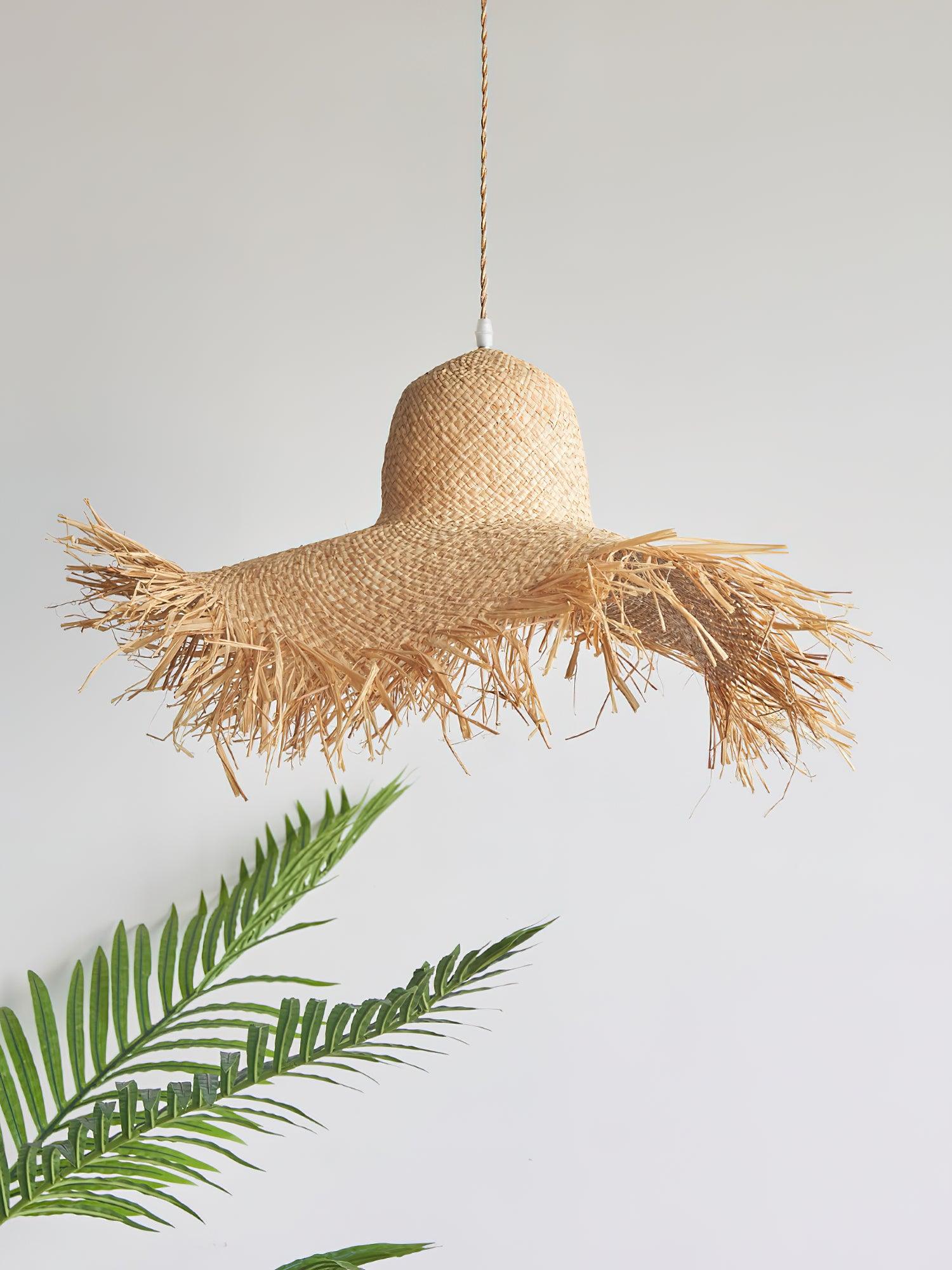 Natural Woven Rattan Straw Hat Hanging Pendant Light for Modern Coastal Homes