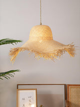 Natural Woven Rattan Straw Hat Hanging Pendant Light for Modern Coastal Homes