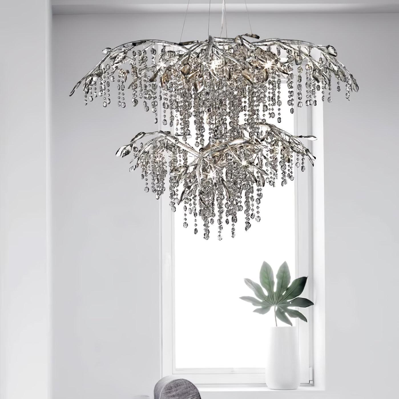 Nature Inspired Crystal Branch Chandelier with Glass Dewdrops and Metallic Finish