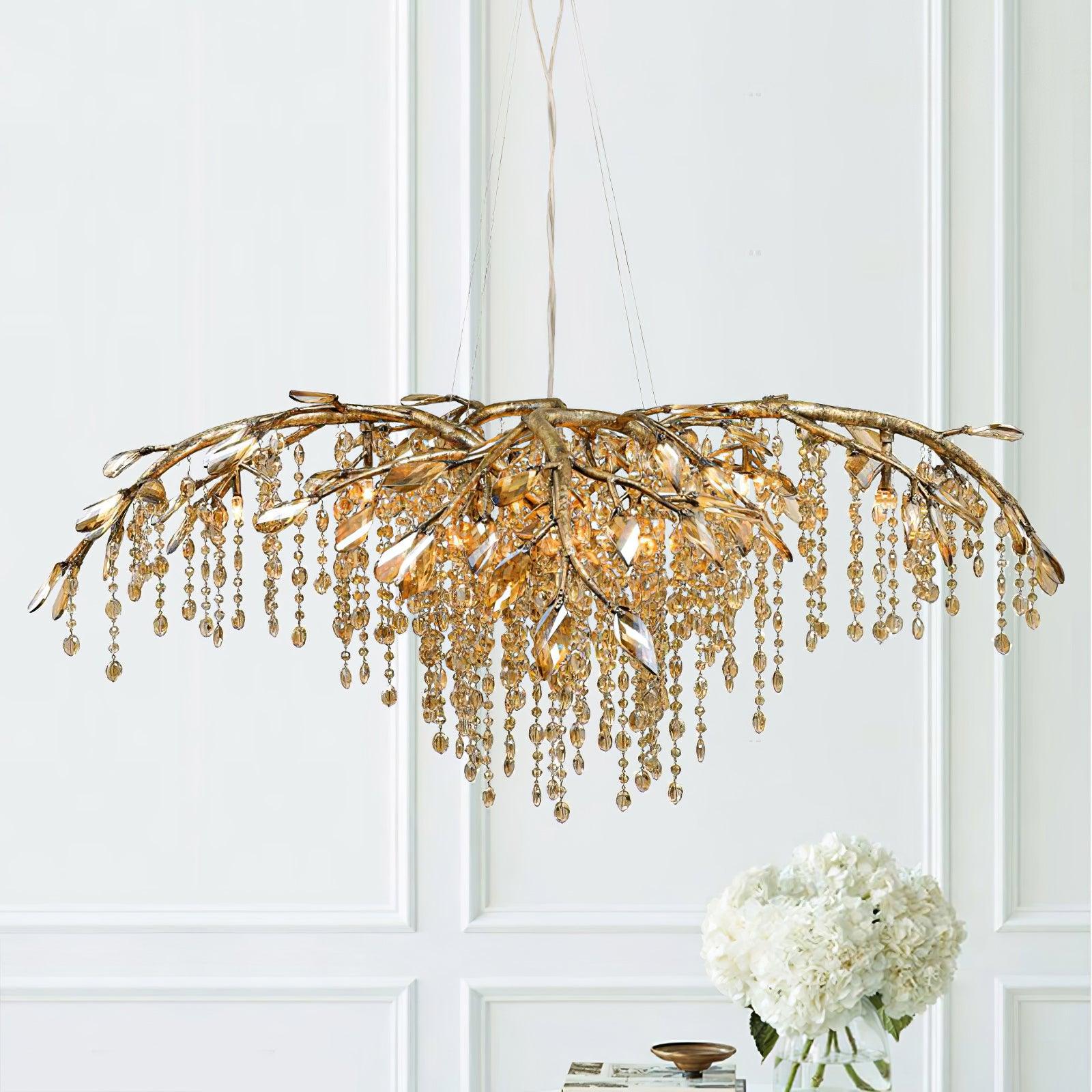 Nature Inspired Crystal Branch Chandelier with Glass Dewdrops and Metallic Finish