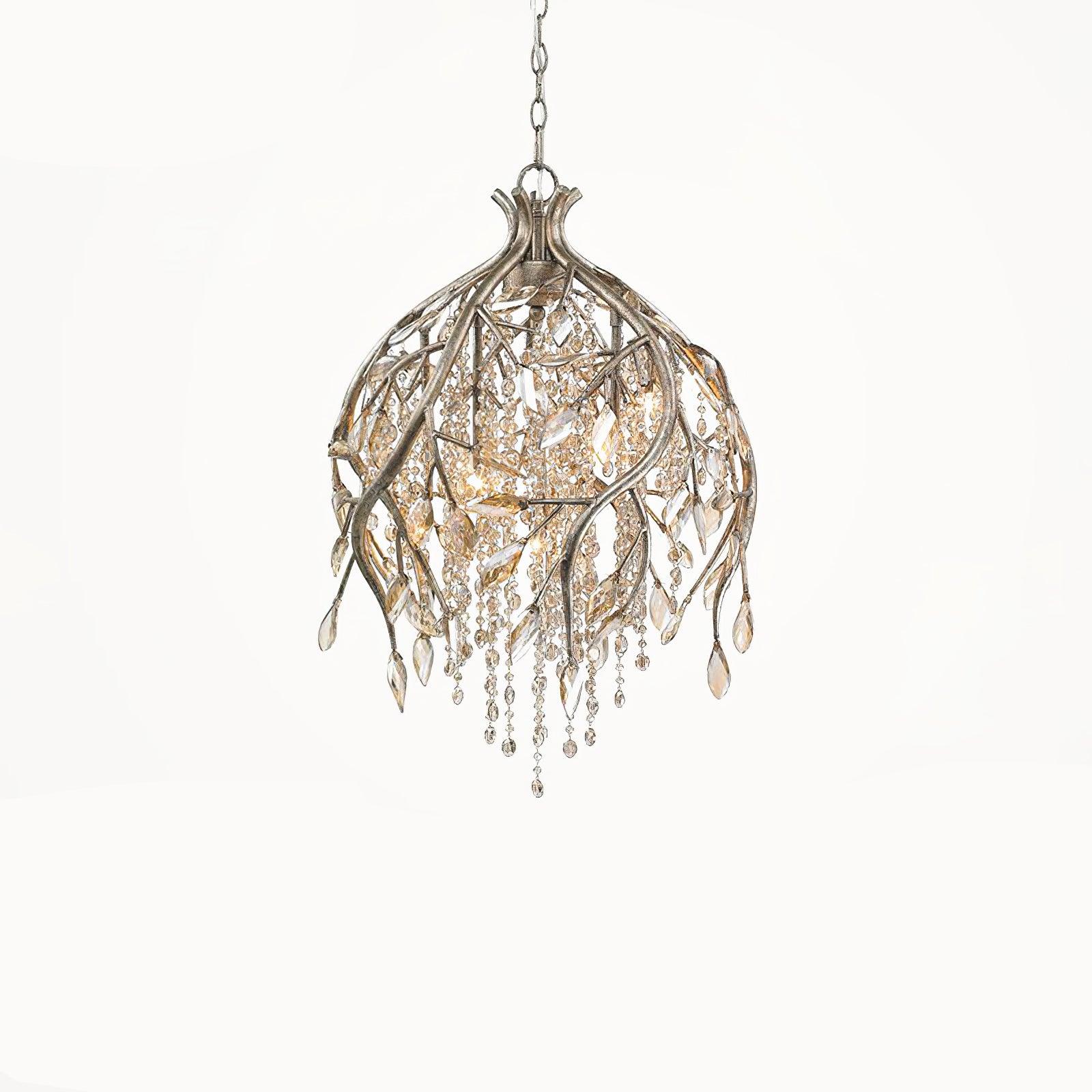 Nature Inspired Crystal Branch Chandelier with Glass Dewdrops and Metallic Finish