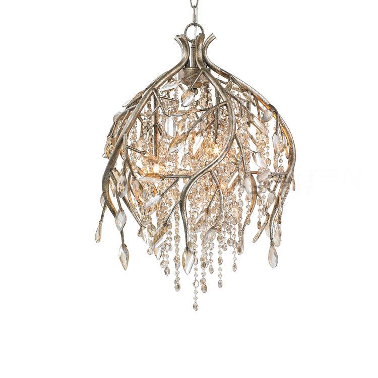 Nature Inspired Crystal Branch Chandelier with Glass Dewdrops and Metallic Finish