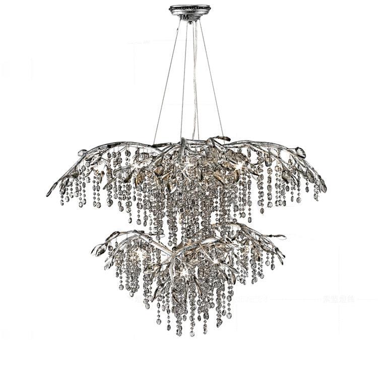 Nature Inspired Crystal Branch Chandelier with Glass Dewdrops and Metallic Finish