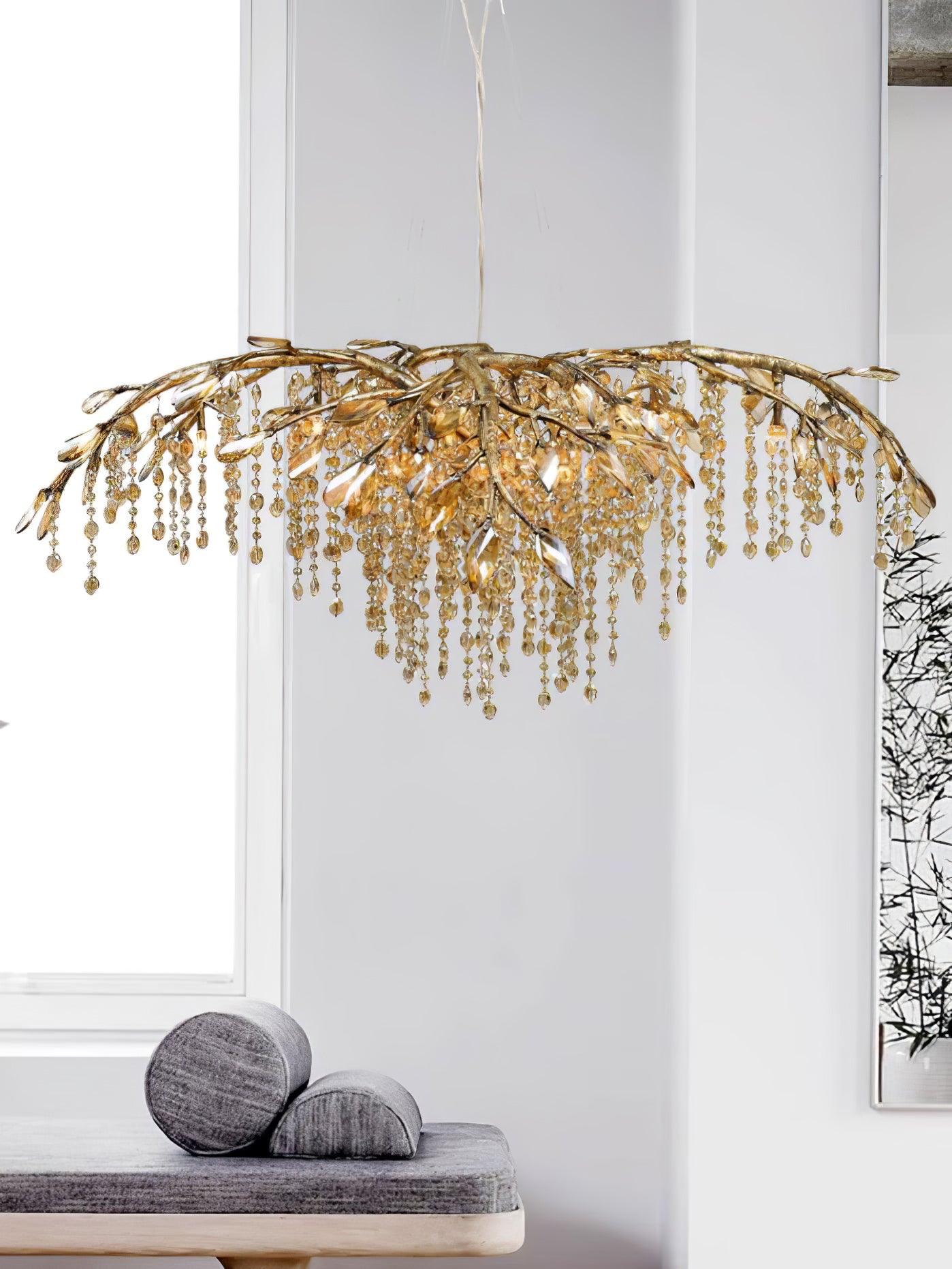Nature Inspired Crystal Branch Chandelier with Glass Dewdrops and Metallic Finish