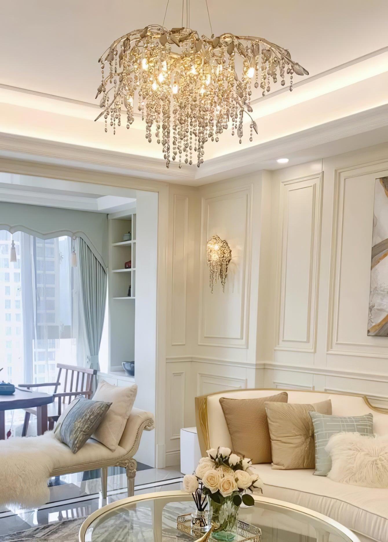 Nature Inspired Crystal Branch Chandelier with Glass Dewdrops and Metallic Finish