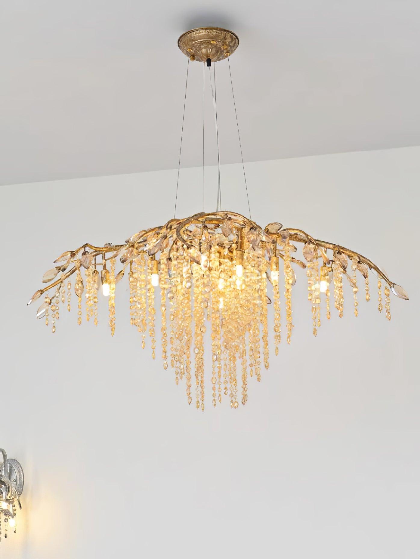 Nature Inspired Crystal Branch Chandelier with Glass Dewdrops and Metallic Finish