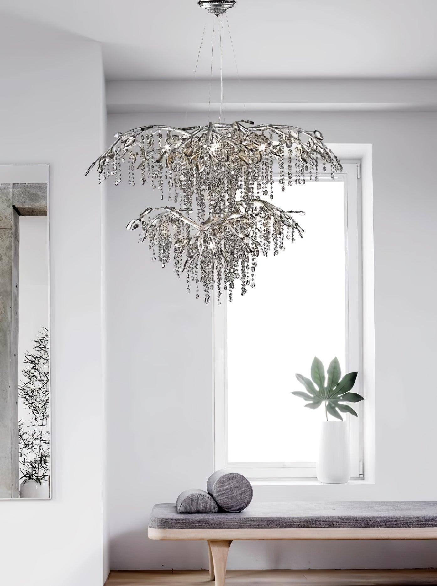 Nature Inspired Crystal Branch Chandelier with Glass Dewdrops and Metallic Finish