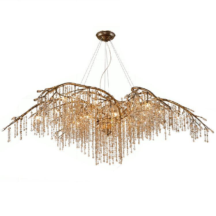 Nature Inspired Crystal Branch Chandelier with Glass Dewdrops and Metallic Finish
